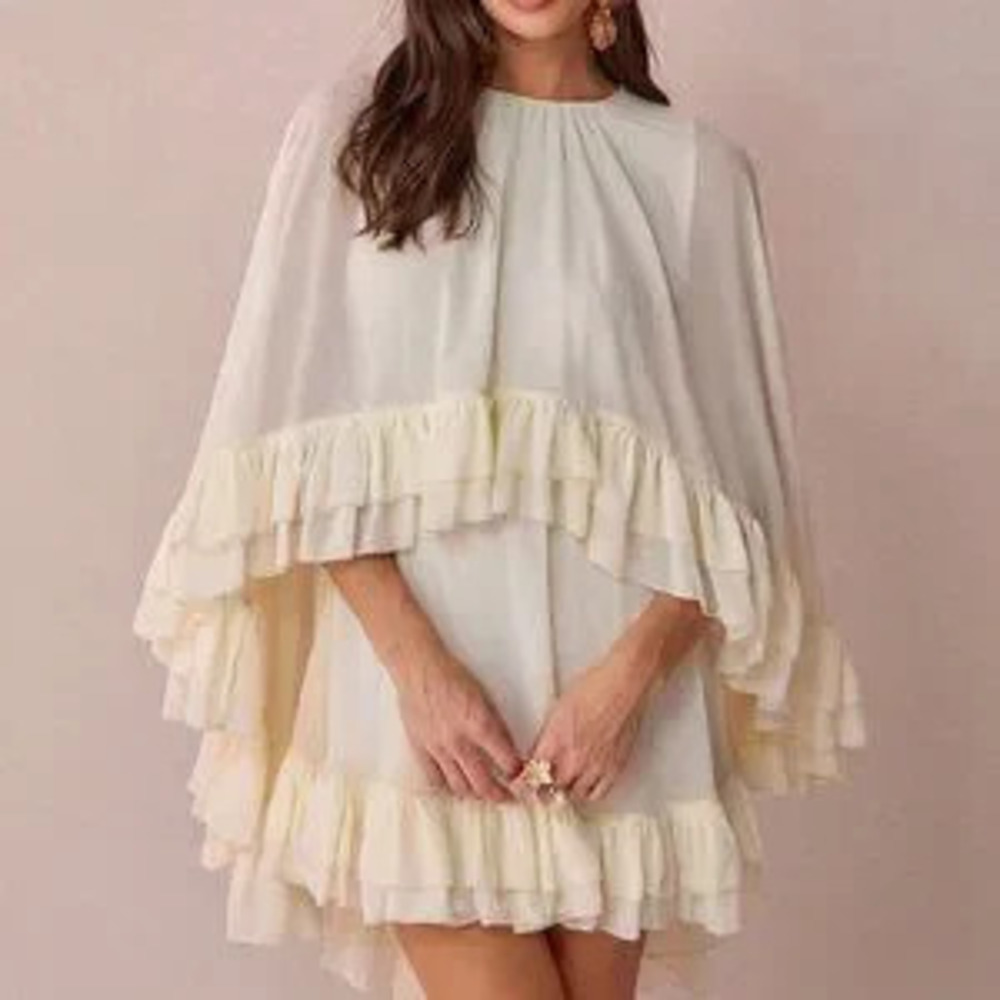 Apricot Boho Womens Romantic Cape Ruffle Hem Mini Dress